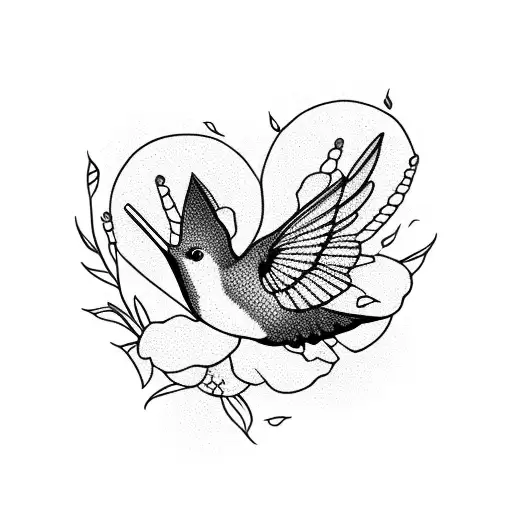 A Blackwork Tattoo Of A Hummingbird Surrounded By Sakura Blossoms