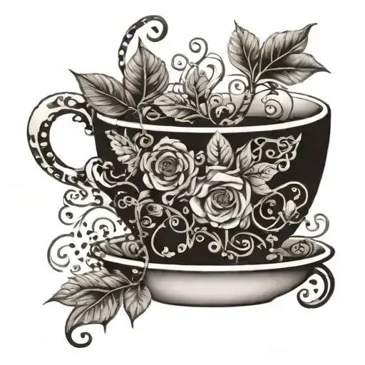 A Coffee Cup With Intricate Floral Designs Intertwined With Coffee Beans And Steam