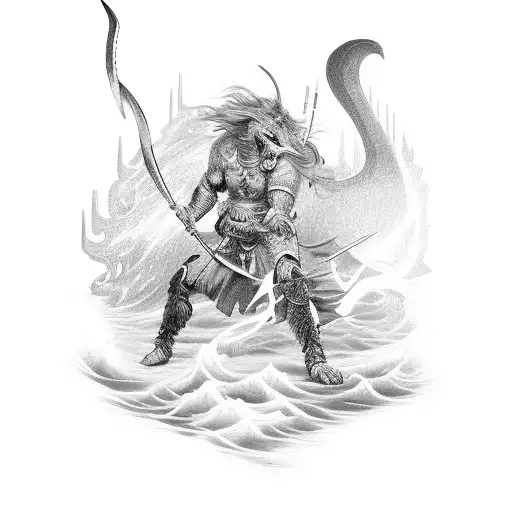 A Fierce Warrior Battling A Mythical Beast In A Raging Storm