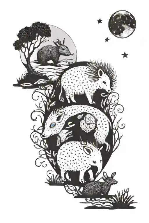 Hedgehog Elephant And Rabbit Under The Moon