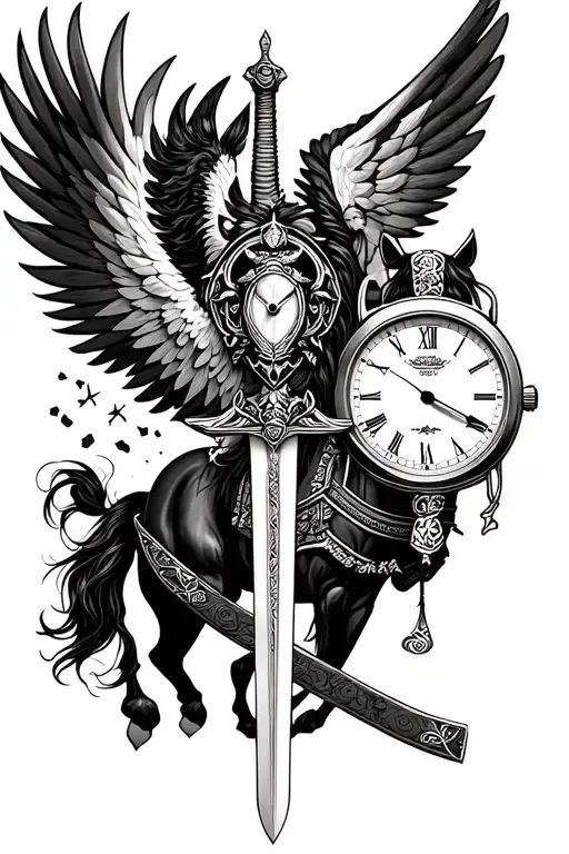 Winged Watch And Horse And Samurai Sword