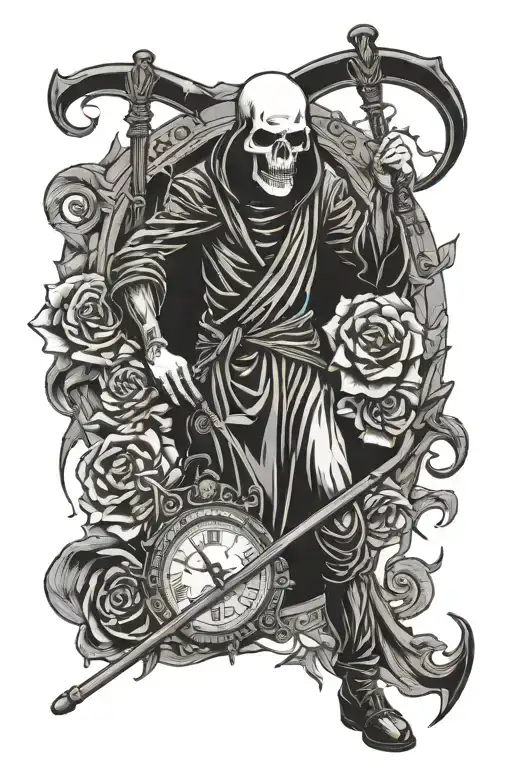 Death With A Scythe Holds In His Hands Scales On Which Money And Time