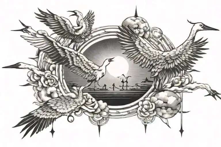 Cranes In The Sky With The Sun Rays