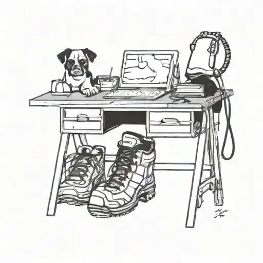 A Minimalist Line Art Tattoo Of A Teacher's Desk With Hiking Boots And A Dog Resting Underneath