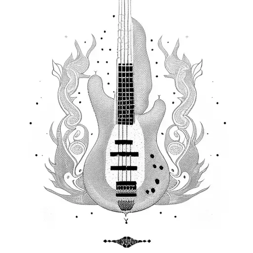 A Bass Guitar With Intricate Indian Patterns And A Silhouette Of A Dog And Cat