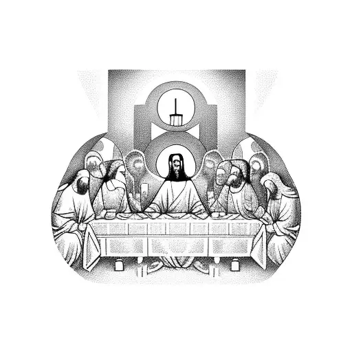 A Blackwork Design Showcasing The Last Supper Scene With Jesus And His Disciples