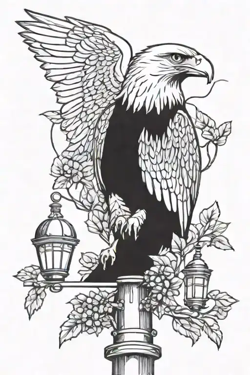 A Blackwork Tattoo Of A Majestic Eagle Perched On Top Of An Anti-squirrel Bird Feeder On A Lamppost