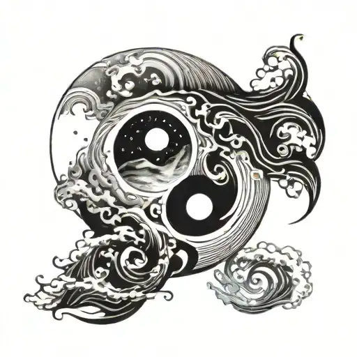 Yin Yang With Moon And Waves On One Side And Galaxy On Other