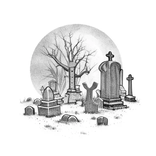 A Detailed Landscape Of A Creepy Graveyard With Tombstones And A Full Moon