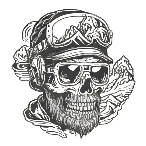 Skull With Beard Wearing Snowboarding Goggles With Mountain Range In Reflection Of Goggles