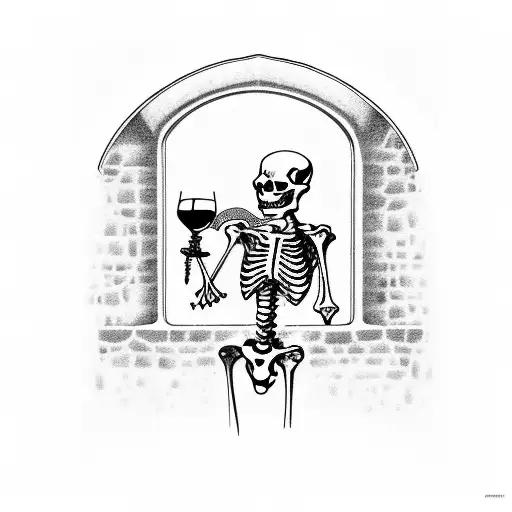 Skeleton In A Castle Window Drinking Wine
