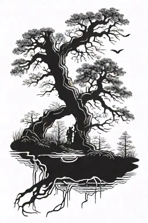 Trees With A River And A Hunter In A Tree Stand Firm