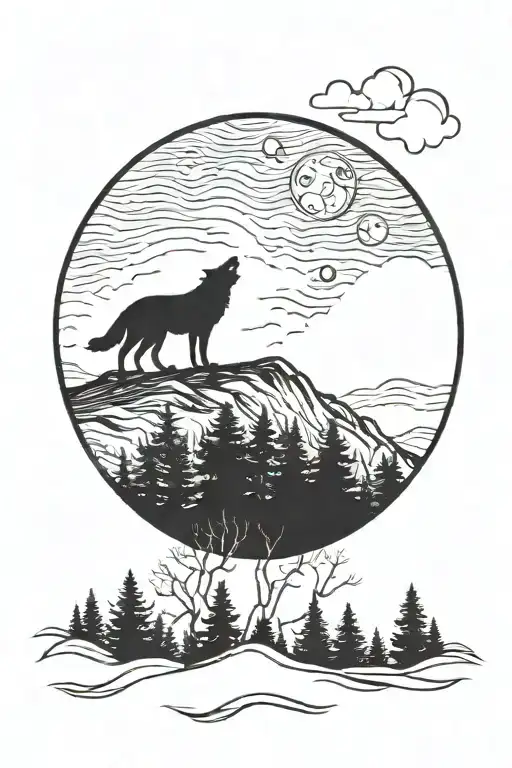 A Silhouette Of A Wolf Howling At The Moon Surrounded By A Forest Landscape