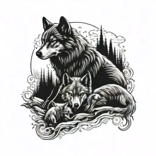 A Mystical Blackwork Design Featuring A Mother Wolf Protecting Her Pups