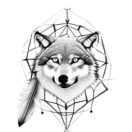 Male Wolf Inside Dream Catcher With Feathers