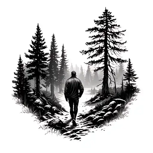 Man Walking In Distance Forest
