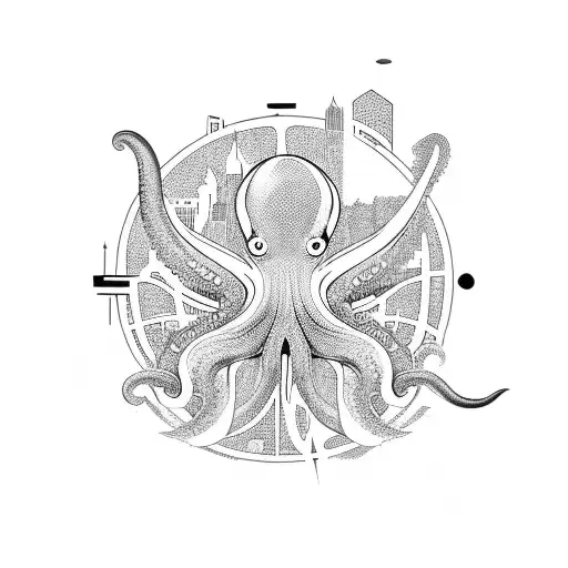 A Futuristic City Skyline With An Octopus Emerging From The Depths