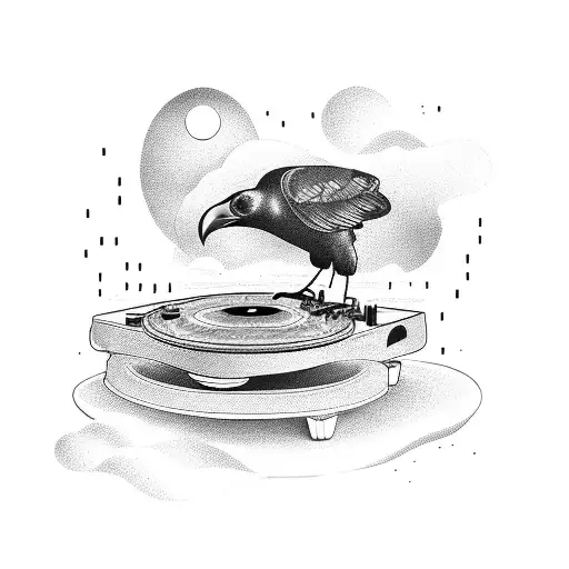 A Surreal Landscape With A Crow Perched On A Dj Turntable