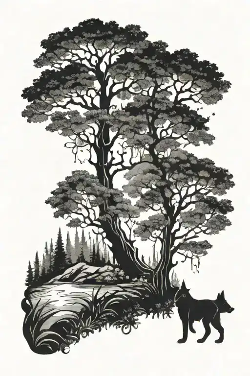 Enchanted Forest With A Mysterious Black Dog Lurking Among The Trees