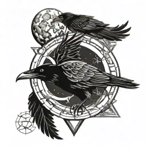 Raven Full Moon Merging Together With Reiki Symbols And Triangle Earth Element Sign