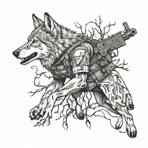 Wolf And Woods With Soldier And Gun Intertwined