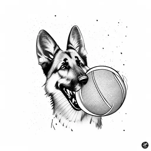 A German Shepherd Catching A Ball In A Blackwork Style