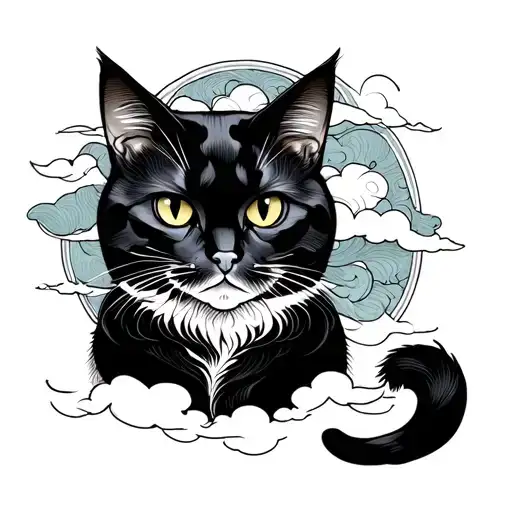 Dark Cat Tattoo With Japanese Clouds