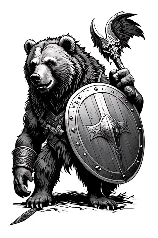 Warrior Bear And Viking Shield On Forearm With A