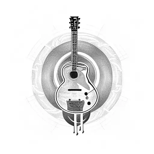 A Blackwork Tattoo Of A Guitar With Money Notes As The Sound Waves