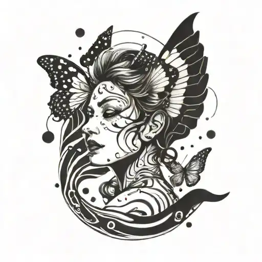 A Tattoo Of A Woman With Butterfly Wings Swimming In A Pool Of Black Holes And White Holes