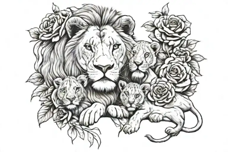 Lion And 3 Cubs Intertwined With Roses