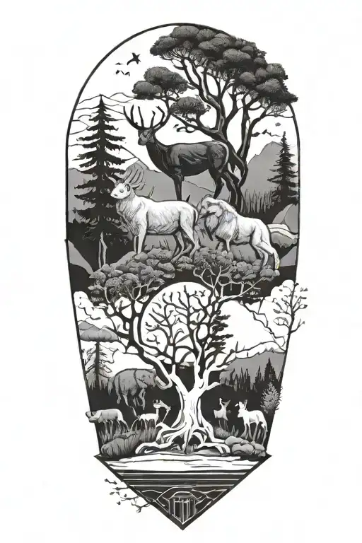 A Geometric Design Incorporating Elements Of Nature Such As Trees And Animals