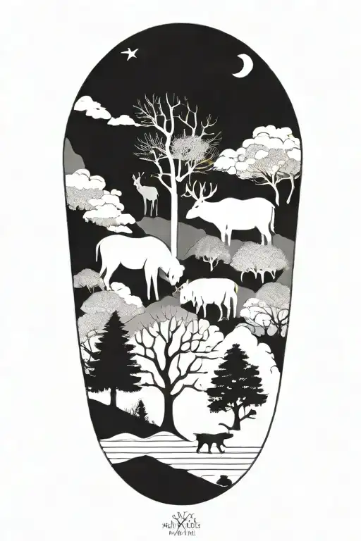 A Geometric Design Incorporating Elements Of Nature Such As Trees And Animals