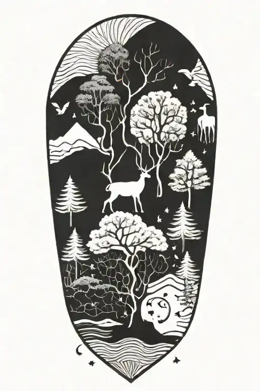A Geometric Design Incorporating Elements Of Nature Such As Trees And Animals