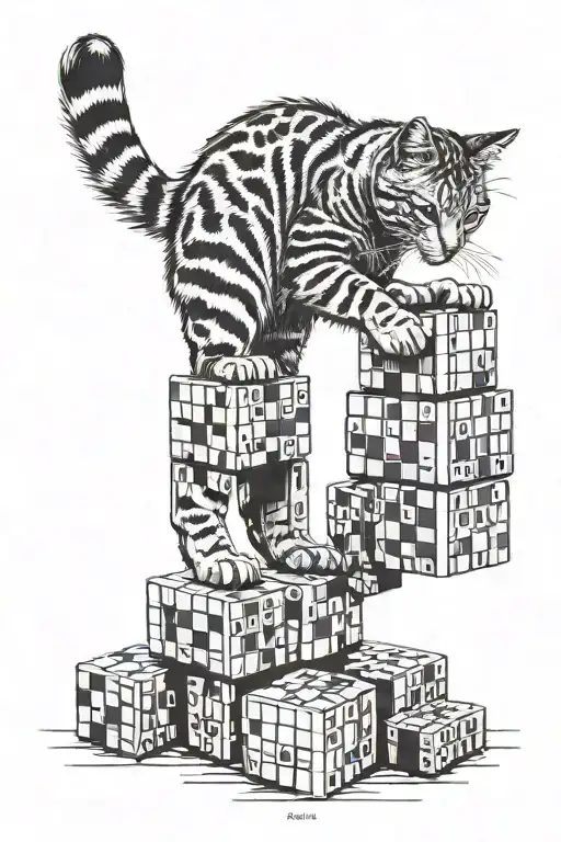 A Grey Tabby Cat Stood On A Stack Of Rubiks Cubes Trying To Reach And Play With Some Film Strip