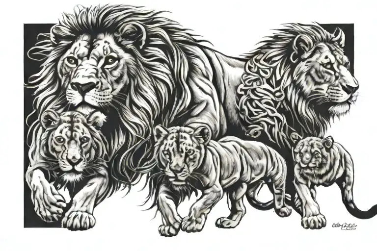 Lion And 3 Cubs Surrounded