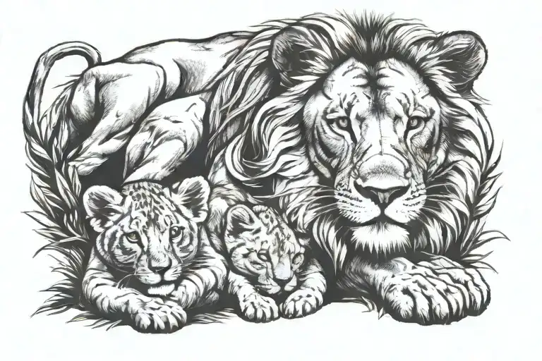 Lion And 3 Cubs Sleeping