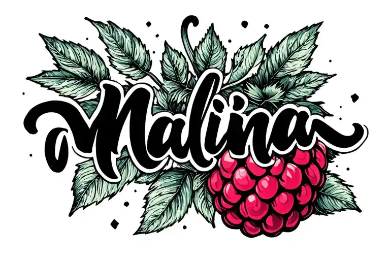 A Fine Line With The Word Malina Integrated In Cursive Script And A Raspberry