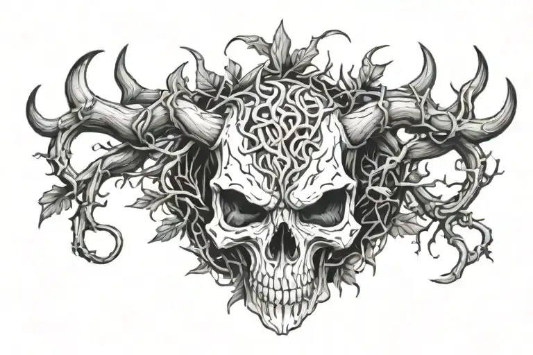 Demon Skull With Goat Horns And Branches All Over