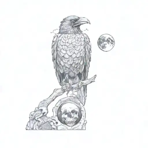 A Raven Standing On Skull With Moon And Trees In Background