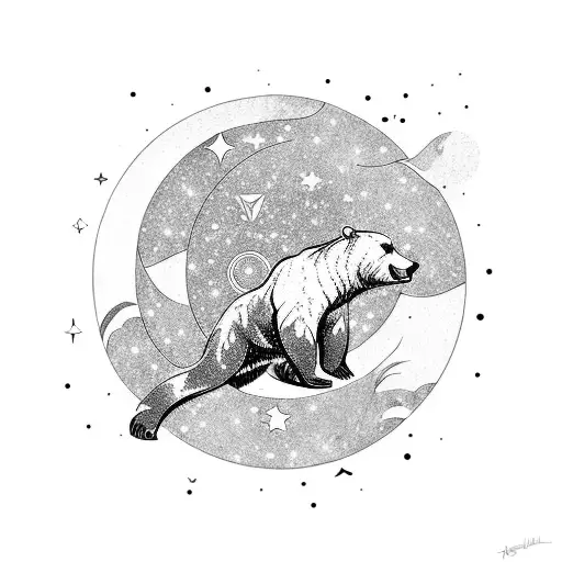 A Cosmic Tattoo Depicting A Bear Reaching For The Stars While Swimming Alongside A Salmon