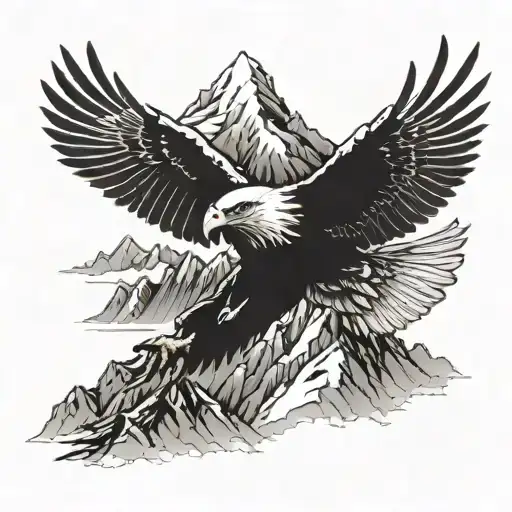 A Detailed Blackwork Tattoo Of A Majestic Eagle Soaring Over A Mountain Landscape
