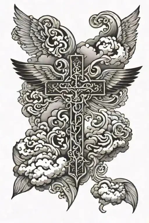 Cross With Wings And Clouds In The Background