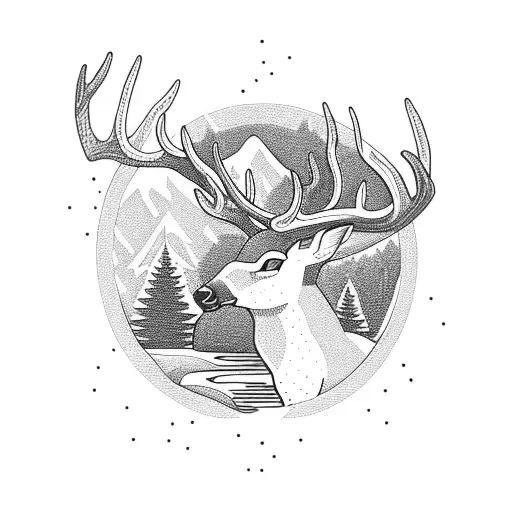 A Majestic Deer Emerging From A Flowing River Surrounded By Pine Trees