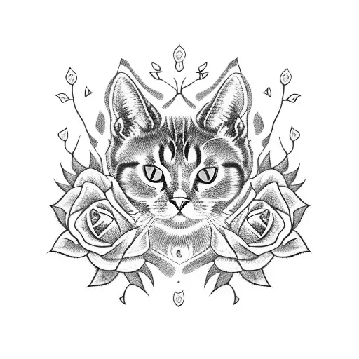 A Fierce Blackwork Cat With Glowing Red Eyes Surrounded By Thorny Roses