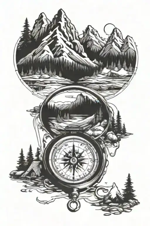 Mountain Campsite Scene With Compass Surrounded