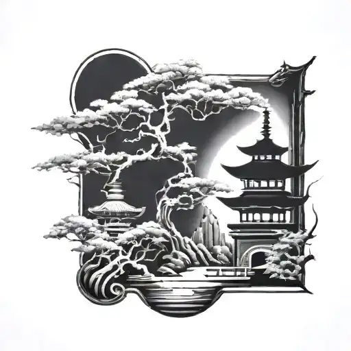 Pagoda And Bonsai Tree And Kaizen Brush Negative Space