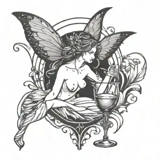 Naked Fairy With Wings In A Glass Of Wine