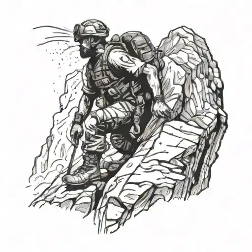 Mountaineer Climbing A Rock Face With Military Gear