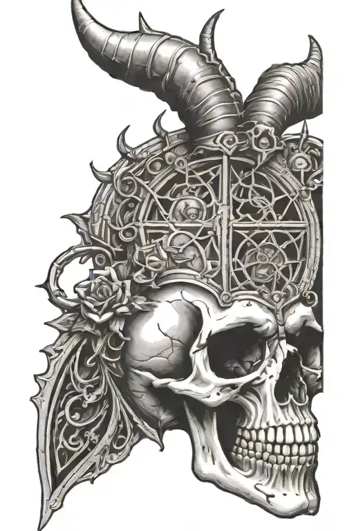 Skull With Horns Coming Out Of The Eyes With Cathedral Window In Background